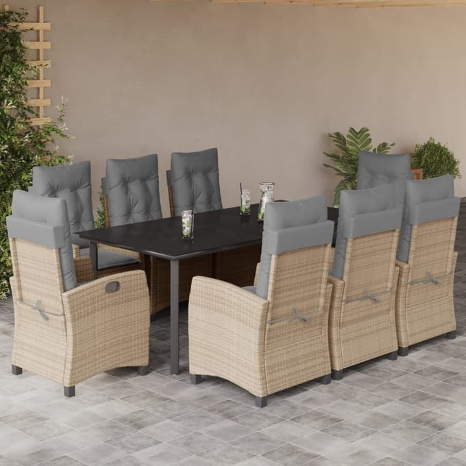 vidaXL - 9-delige - Tuinset - met - kussens - poly - rattan - gemengd - beige
