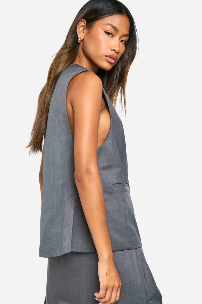 boohoo Dames Marl Plunge Front Longline Weste | Charcoal | Maat: 12