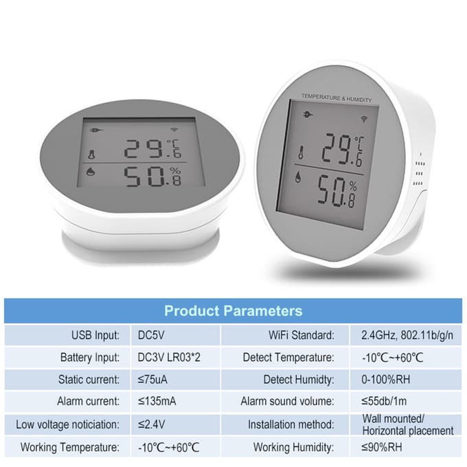 Slimme WiFi-temperatuur-vochtigheidsmonitor Draadloze temperatuur-vochtigheidssensor TUYA APP-melding wit