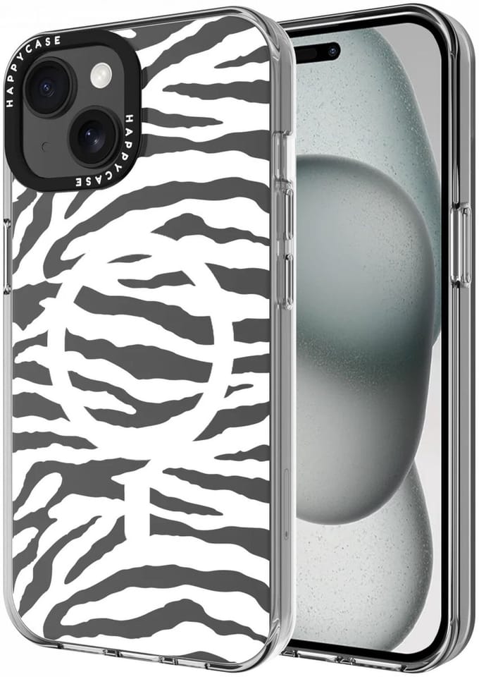 HappyCase Joy Hoesje | Geschikt voor Apple iPhone 15 | Compatibel met MagSafe | Back Cover | Silver Zebra Print
