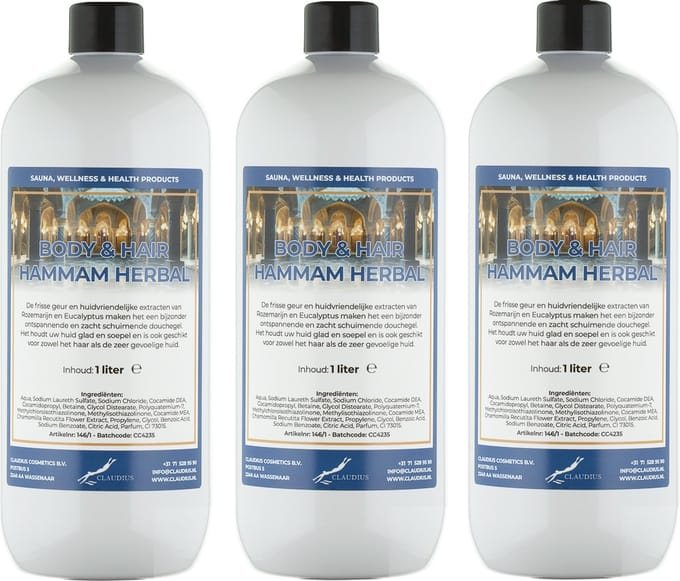 Body & Hair Hammam Herbal 1 Liter - set van 3 stuks - 2 in 1 voor lichaam en haar.