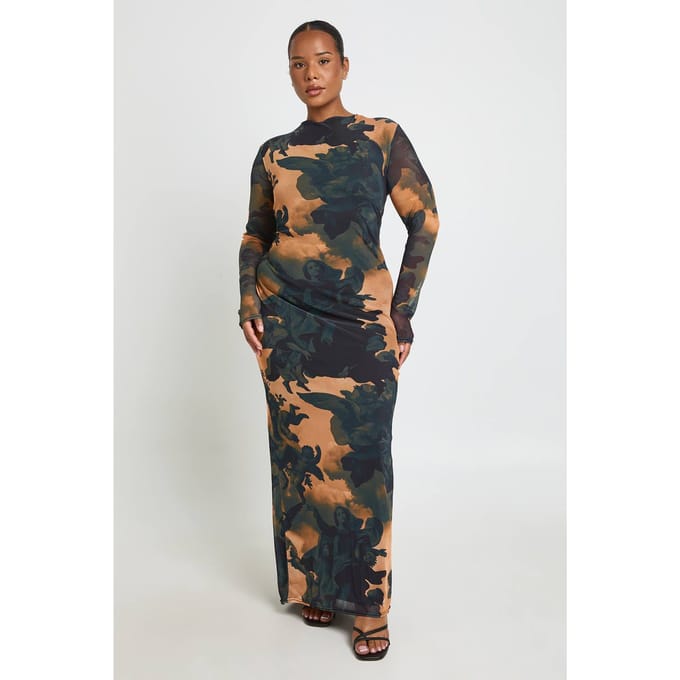boohoo Dames Plus Geprinte Mesh Maxi-Jurk met Lage Rug | Maat: 48