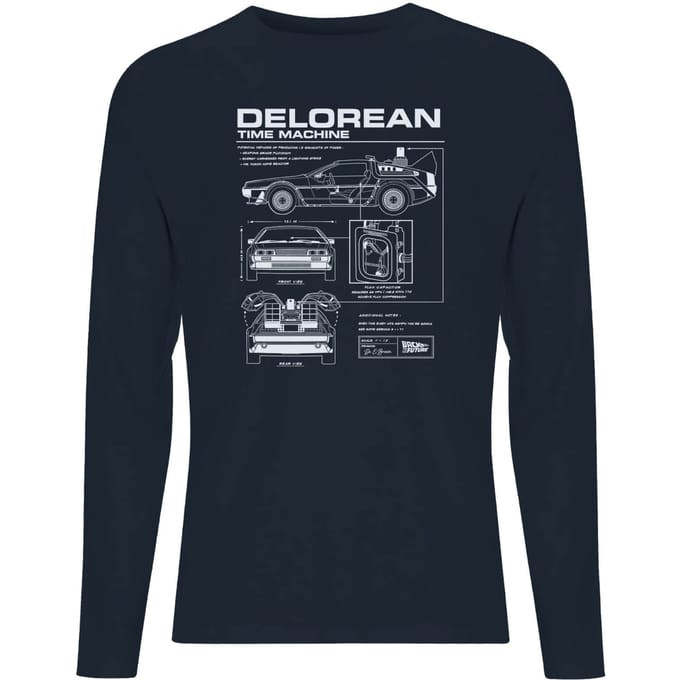 Back To The Future Delorean Schematic Unisex Long Sleeve T-Shirt - Navy - XL