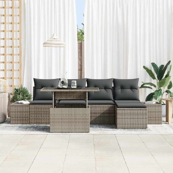 vidaXL Tuinbank Set met kussen met opslag 6 pcs Grijs poly rattan