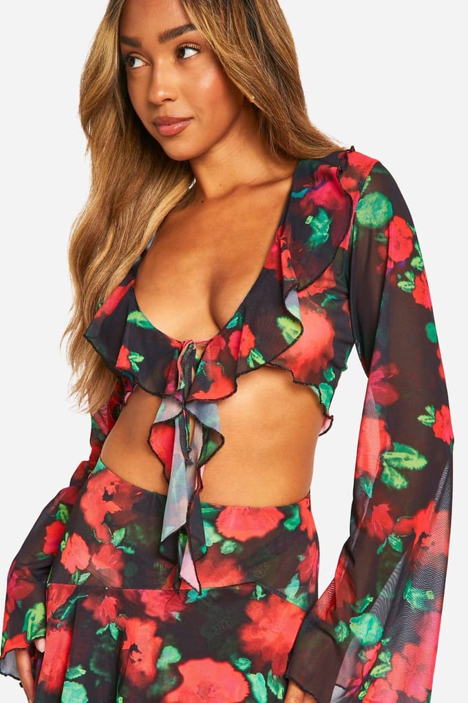 boohoo Dames Floral Ruffle Tie Front Beach Top | Black | Maat: Medium