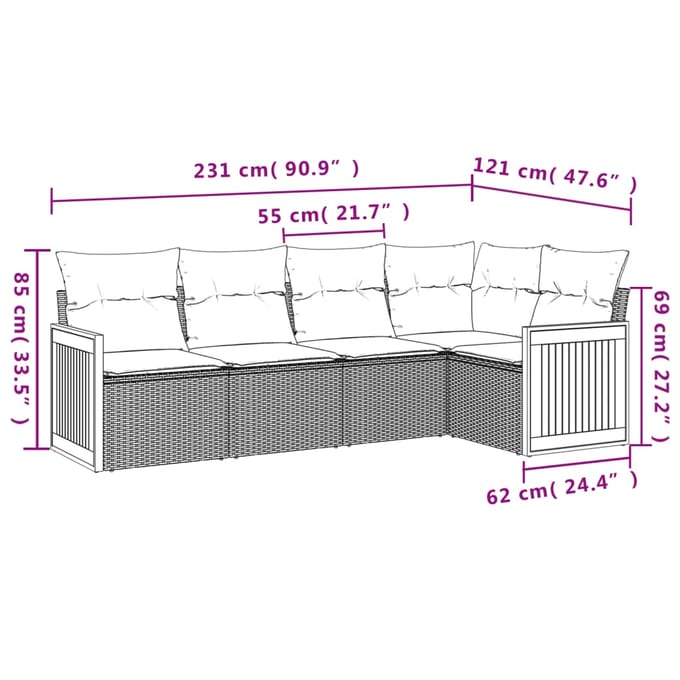 vidaXL - 5-delige - Loungeset - met - kussens - poly - rattan - beige