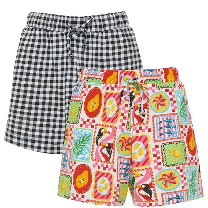 Threadbare Dames Eiren Regular Shorts (Verpakking van 2) (Zwart/Multi-kleur)