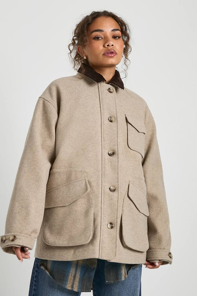 boohoo Dames Shacket met contrasterende kraag en wollen look | Stone | Maat: 10