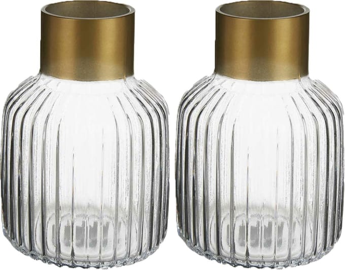 Giftdecor - Bloemenvazen 2x stuks - Decoratie glas - transparant/goud - 14x22 cm
