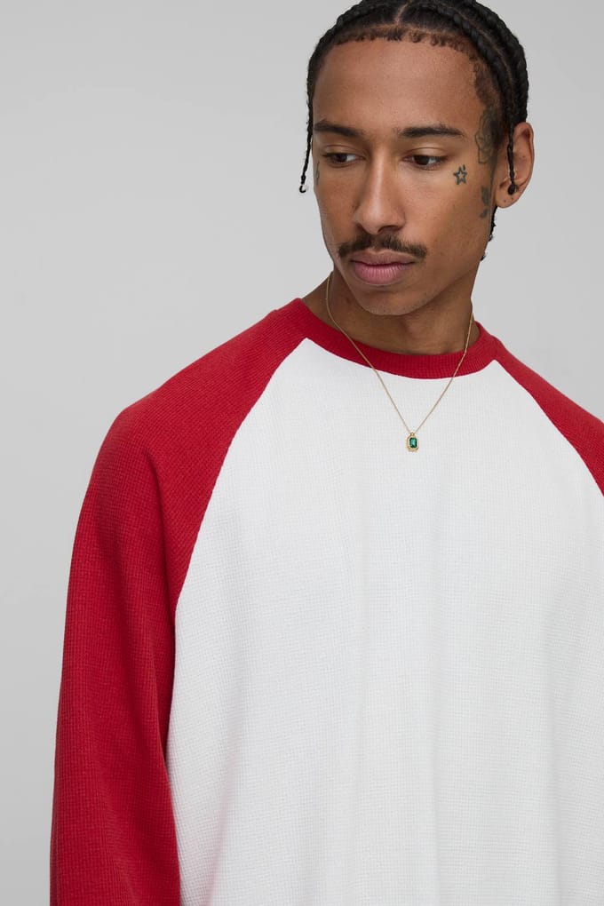 Oversized Boxy Heavyweight Wafel Raglan T-shirt met lange mouwen | Red | Size Medium