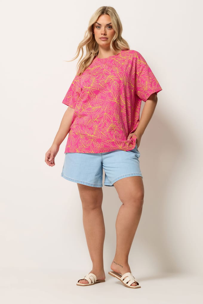 Yours Roze En Gele Tshirt Met Bladprint En Boxy Pasvorm Size 42