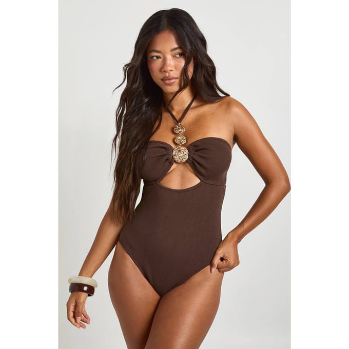 boohoo Dames Badpak Met Halternek En Gouden Afwerking | Chocoladebruin | Maat: 42