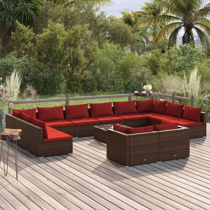 vidaXL - 13-delige - Loungeset - met - kussens - poly - rattan - bruin