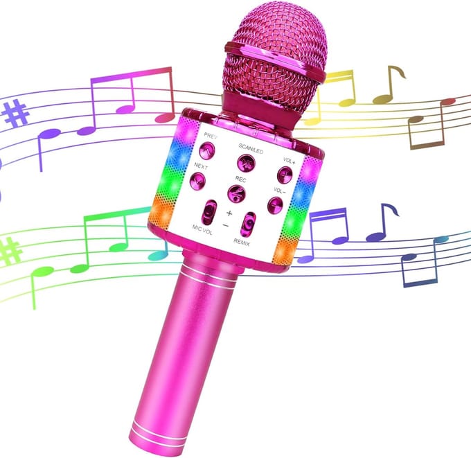 Karaoke Microfoon - Draadloze Zang Microfoon - Kinderfeestjes Vieren - Ingebouwde Speaker LED - 25cm Pakket - Paars