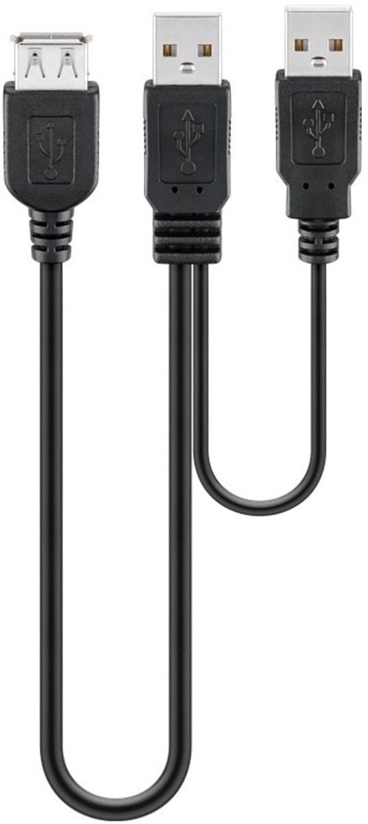 USB 2.0 Hi-Speed Dual-Power cable 0.3 m, black - USB 2.0 male (type A) + USB 2.0 male (type A) > USB 2.0 female (type A)