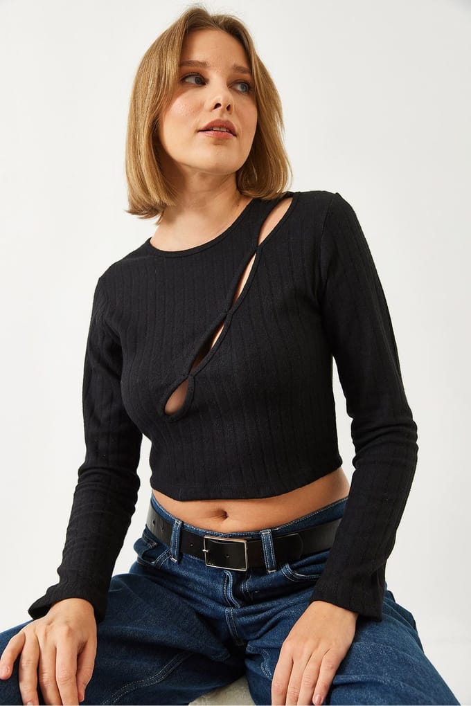 Gestreepte Rib Crop Top met Uitsnijding