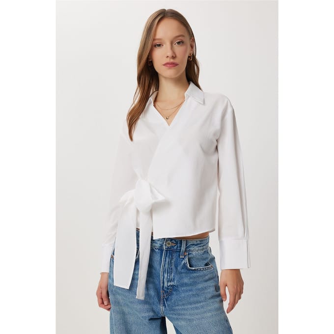 Double Breasted Poplin Blouse met Strikdetail