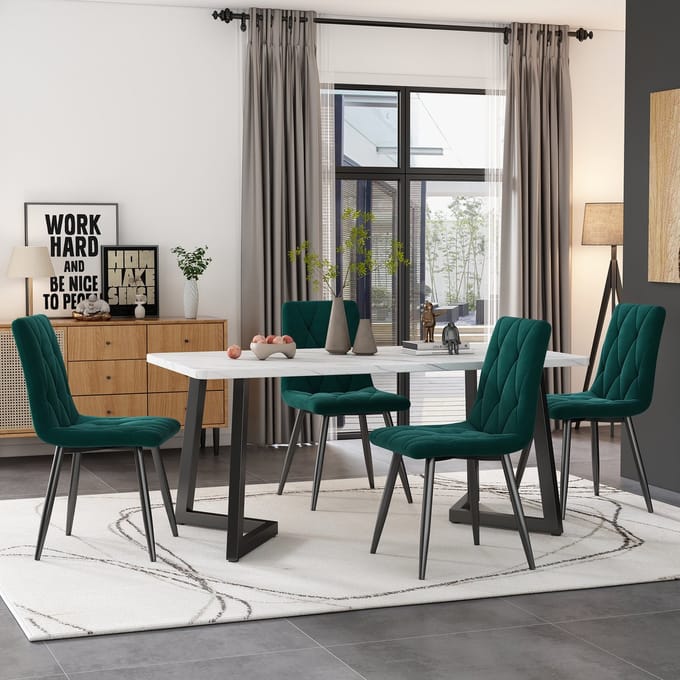 MODFU - Eetkamerset - 4 Stoelen - Rechthoekig - Modern - Eetkamer - MDF En Fluweel - Groen - 117 X 68 Cm