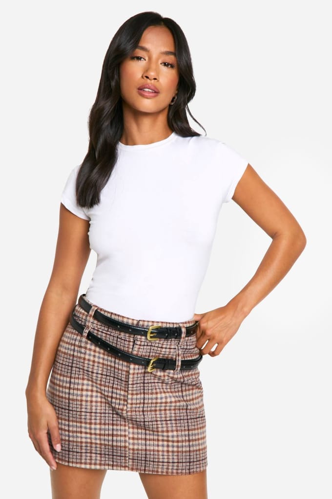 boohoo Dames Petite Geruite Wol-Look Micro Mini-Rok | Steen | Maat: 36