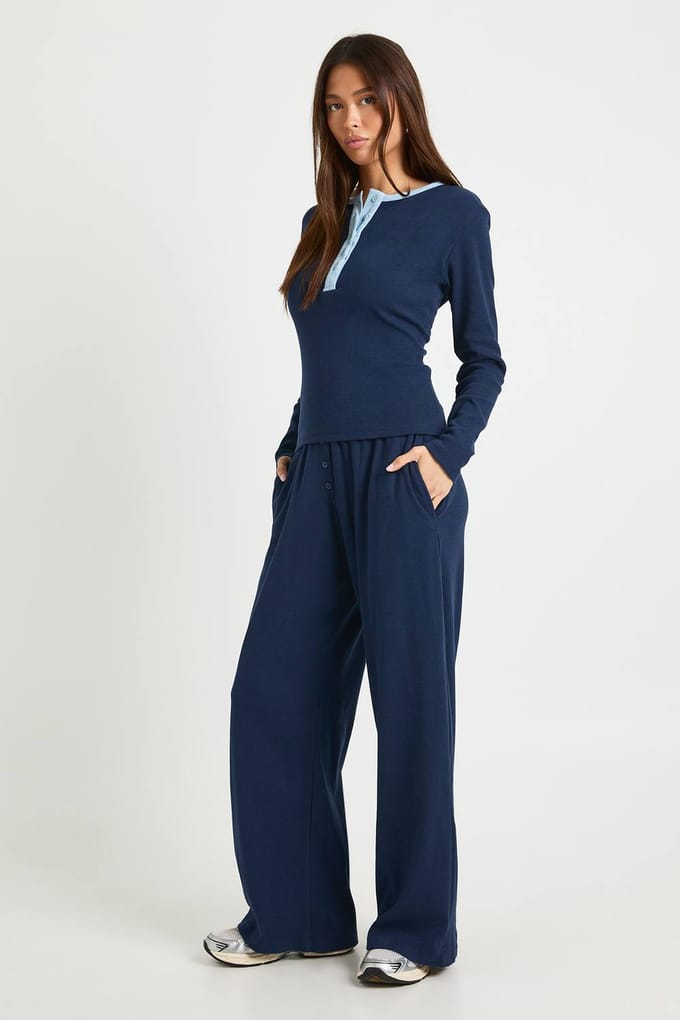 boohoo Dames Contrastbinding Henley button-down top & broek co-ord | Marineblauw | Maat: 36