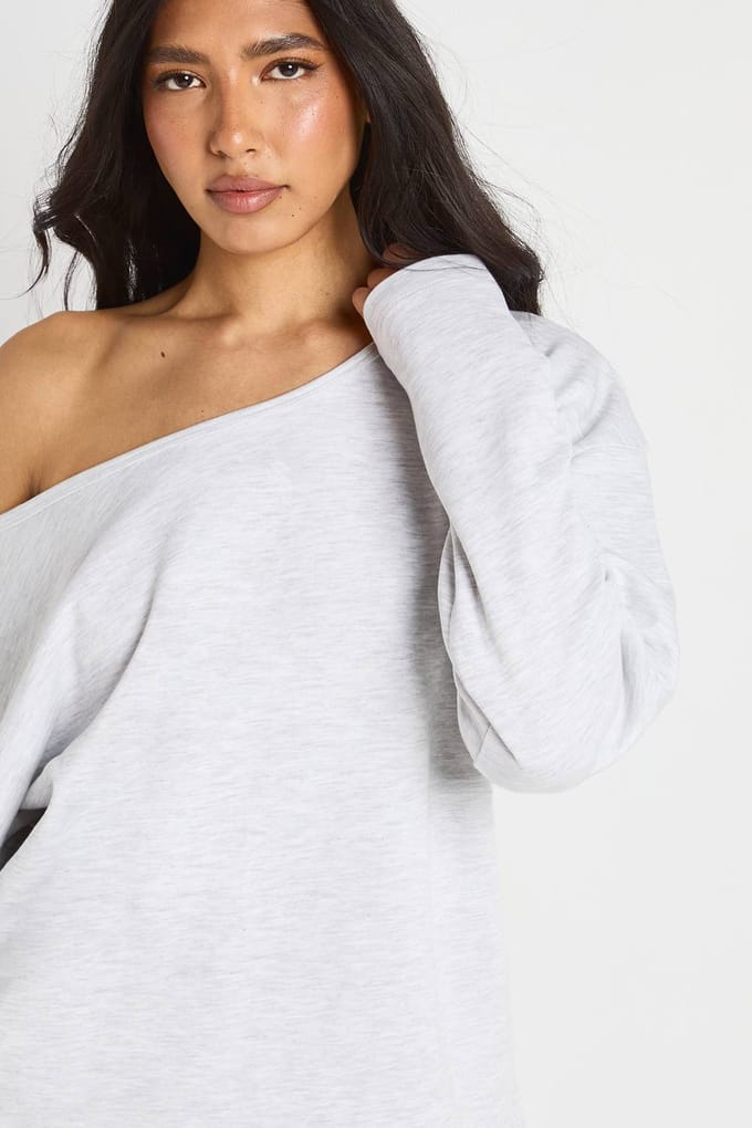 boohoo Dames Lang Interlock Off-shoulder Sweatshirt | Ash Grey | Maat: XS