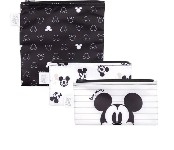 Bumkins Disney Mickey Mouse Snack Bag - Herbruikbare Snackzakjes met Rits - Set van 3 - 1 Large en 2 Small - Waterdicht Boterhamzakje en Lunchzakje - Vaatwasser- en Machinewasbaar - BPA- en PVC-vrij - Love Mickey - Zwart Wit