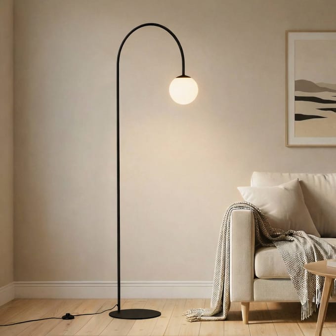 Domiluce Vloerlamp Nova, glas/metaal, zwart/wit, hoogte 155 cm