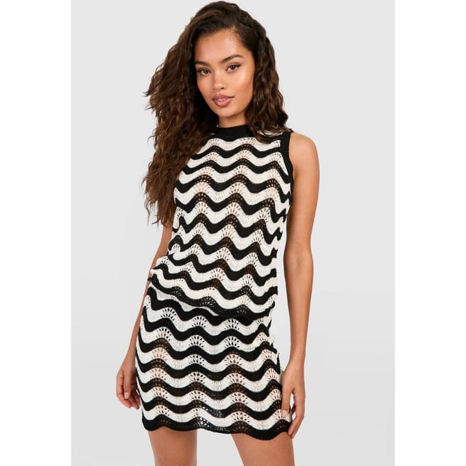 boohoo Dames Zig Zag Crochet Gebreide Mini Rok | Zwart | Maat: Small
