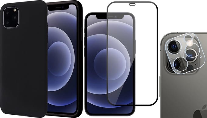 Hoesje geschikt voor iPhone 13 Pro Max - Fluweelzachte Backcover - Zwart - Met Full Screenprotector en Camera Screen Protector