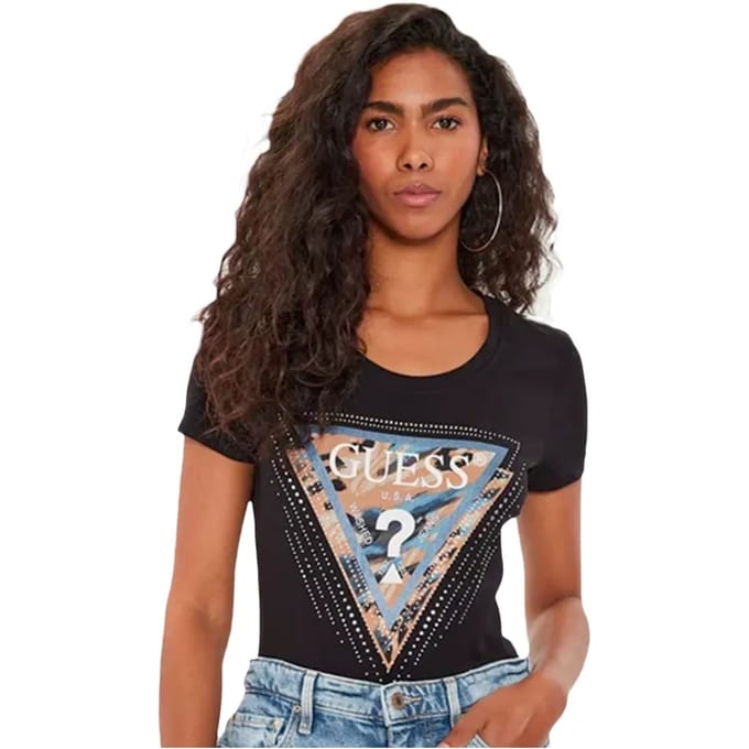 Guess SS CN Leo Triangle Tee Dames T-Shirt - Zwart - Maat XS