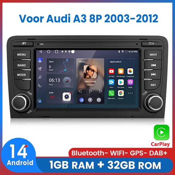 Awesafe Geschikt Voor Audi A3 8P 2003 t/m 2012 - Carplay & Android Auto - 1GB+32GB - GPS Navigatie Bluetooth WIFI - 2003 2004 2005 2006 2007 2008 2009 2010 2011 2012