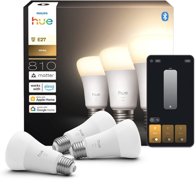 Philips Hue Slimme LED A60 lamp, Warm Wit Licht, E27 Fitting, 3-pack