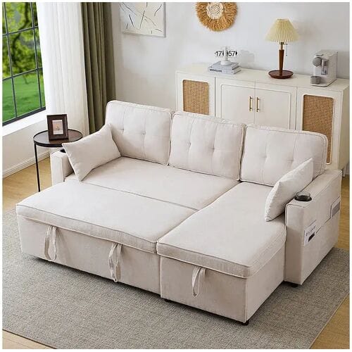 KOMHTOM Sofa's met slaapfunctie, L-vormige sofa's, gestoffeerde meubelen, sofa's, loungers met bekerhouders,Beige