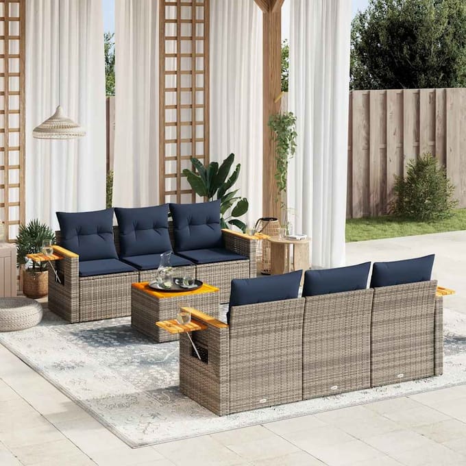 vidaXL - 7-delige - Loungeset - met - kussens - poly - rattan - grijs