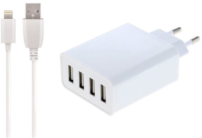 OneOne 5A lader met 4 poorten + 0,5m OneOne Lightning kabel. Universele oplader adapter past op Apple iPhone XR, iPhone XS, XS Max, iPhone 10, iPhone 11, iPhone 11 Pro, iPhone 11Pro Max, iPhone 12, iPhone 12 Mini, iPhone 12 Pro