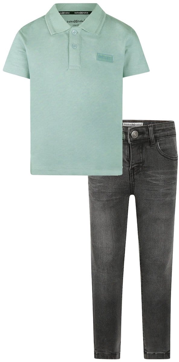 Koko Noko - Kledingset - Basic Collection - Bio Cotton - Dark grey jeans - Polo Shirt Light Blue - Maat 104