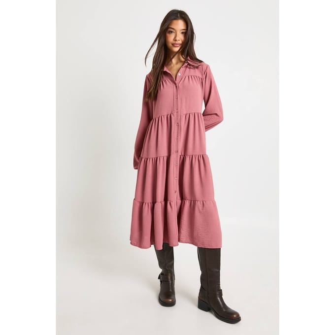 boohoo Dames Getextureerde gelaagde midi smock jurk | Desert Rose | Maat: 6