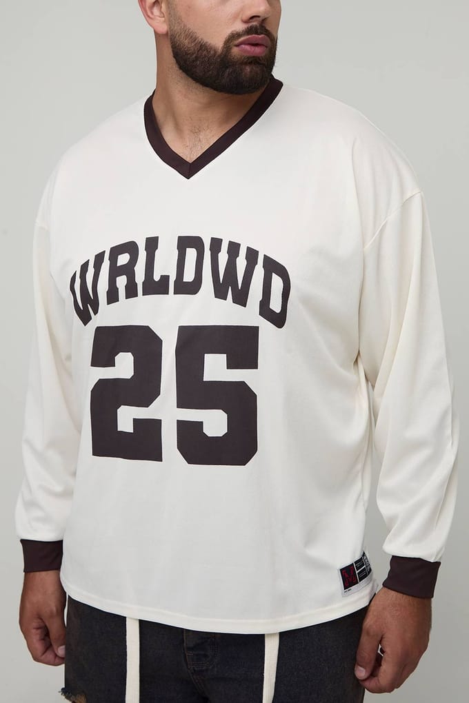 Plus Oversized WRLDWD Print Long-sleeved Sports T-Shirt | White | Size 3XL