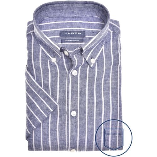 Ledûb Overhemd Linen Stripe Short Sleeve Button-Down Modern Fit Donker Blauw / male