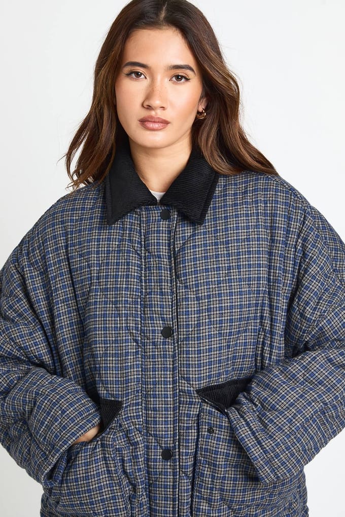 boohoo Dames Geruite Gewatteerde Gevoerde Jas | Blue | Maat: 14