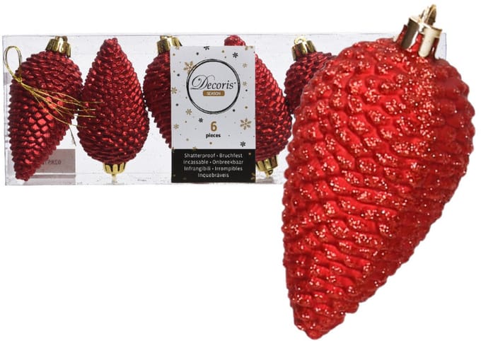 Decoris Kersthangers dennenappels - 6x st - rood - glitter - 8 cm - kunststof - kerstversiering