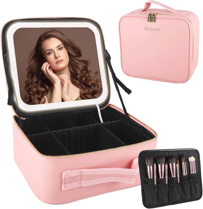 Make-up Tas met LED Spiegel en Verstelbare Compartimenten - Roze Cosmetische Organizer voor Reizen