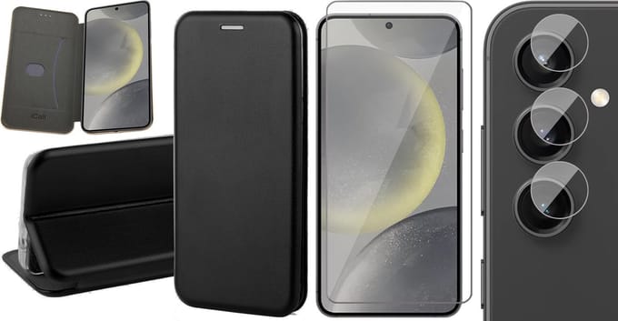 Hoesje geschikt voor Samsung Galaxy S24 Plus - Screenprotector Glas & Camera - Wallet Book Case Zwart