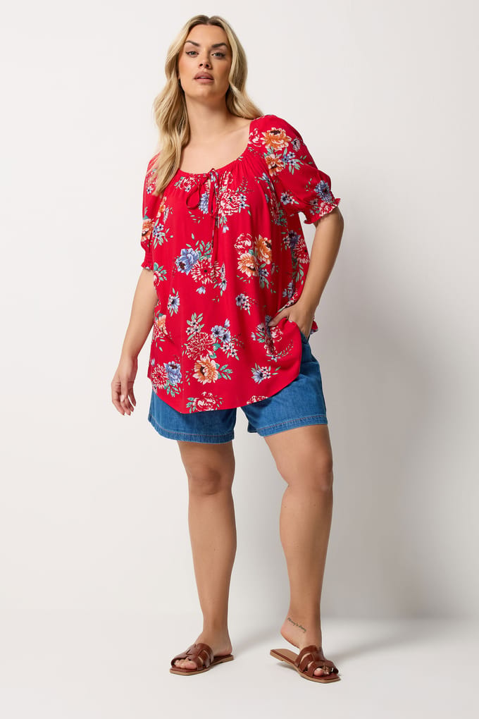 Yours Rode Blouse Met Bloemenprint En Strik Aan De Hals Size 42