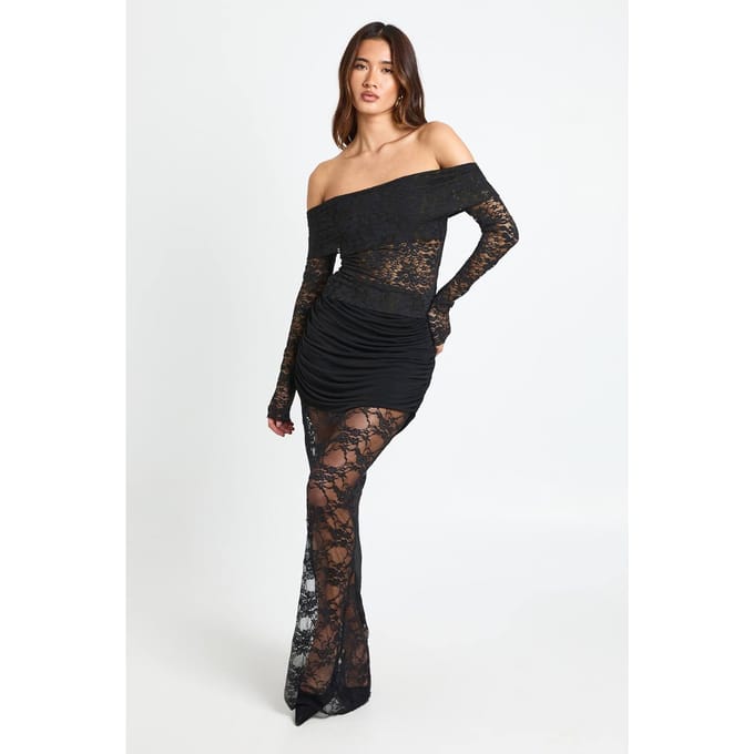 boohoo Dames Kanten Slinky Mix Maxirok | Black | Maat: 8