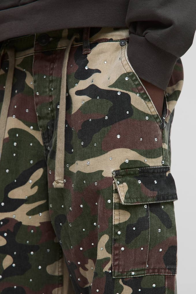 Relaxed Rhinestone Camo Cargo Trousers | Size Medium