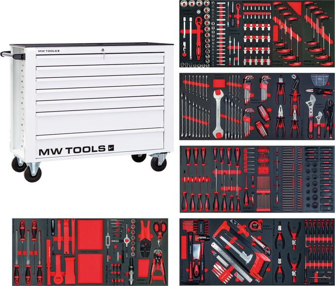 Gevulde brede, witte gereedschapswagen XL 514-delig MW Tools MWE512G3W