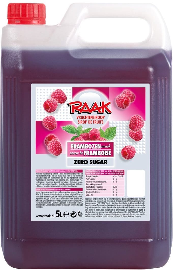 Raak | Siroop Zero Framboos | 5 liter | Omdoos 4x