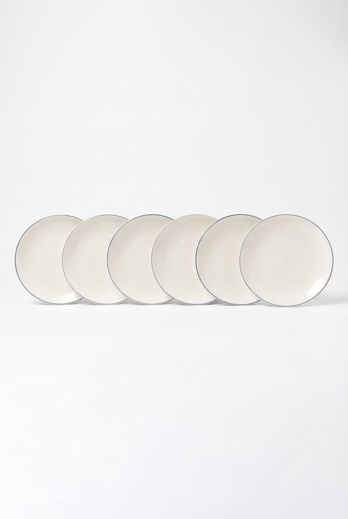 vtwonen - Borden - Lunchbord - Wit/Blauw Lijn - Set van 6 - Porselein - 23cm