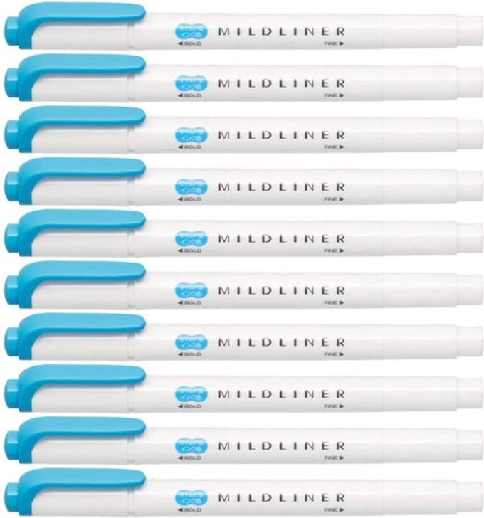 Zebra Mildliner Double-Sided Highlighter - Fine / Bold – Mild Cyan Set van 10 + een Luxe Zipperbag - WKT7-MCYA